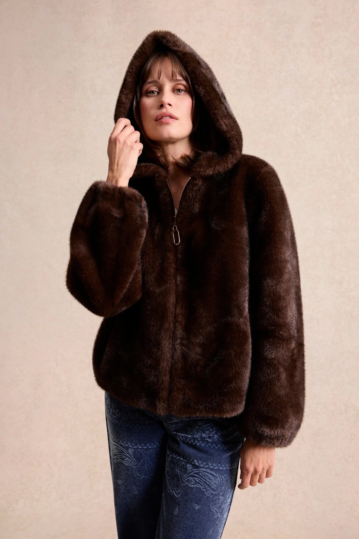 Leo & Ugo Faustine Reversible Faux-Fur Jacket in Brown front view