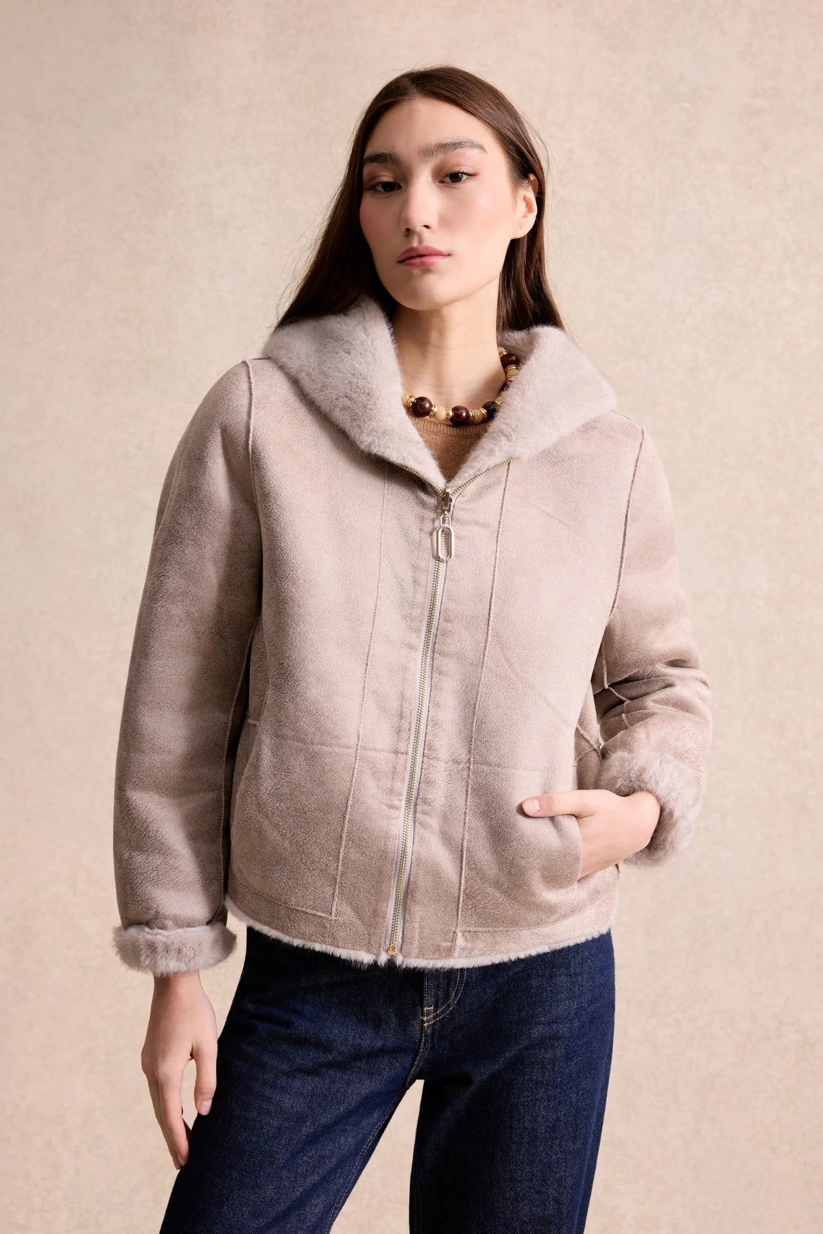 Leo & Ugo Faustine Reversible Faux-Fur Jacket in GRAY  front view