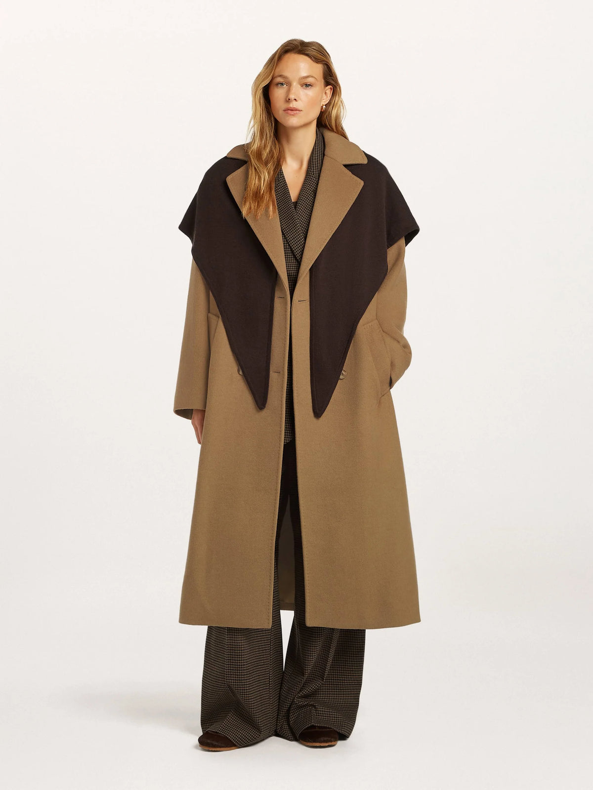 Beaumont Mariah coat showing loose longline silhouette in camel