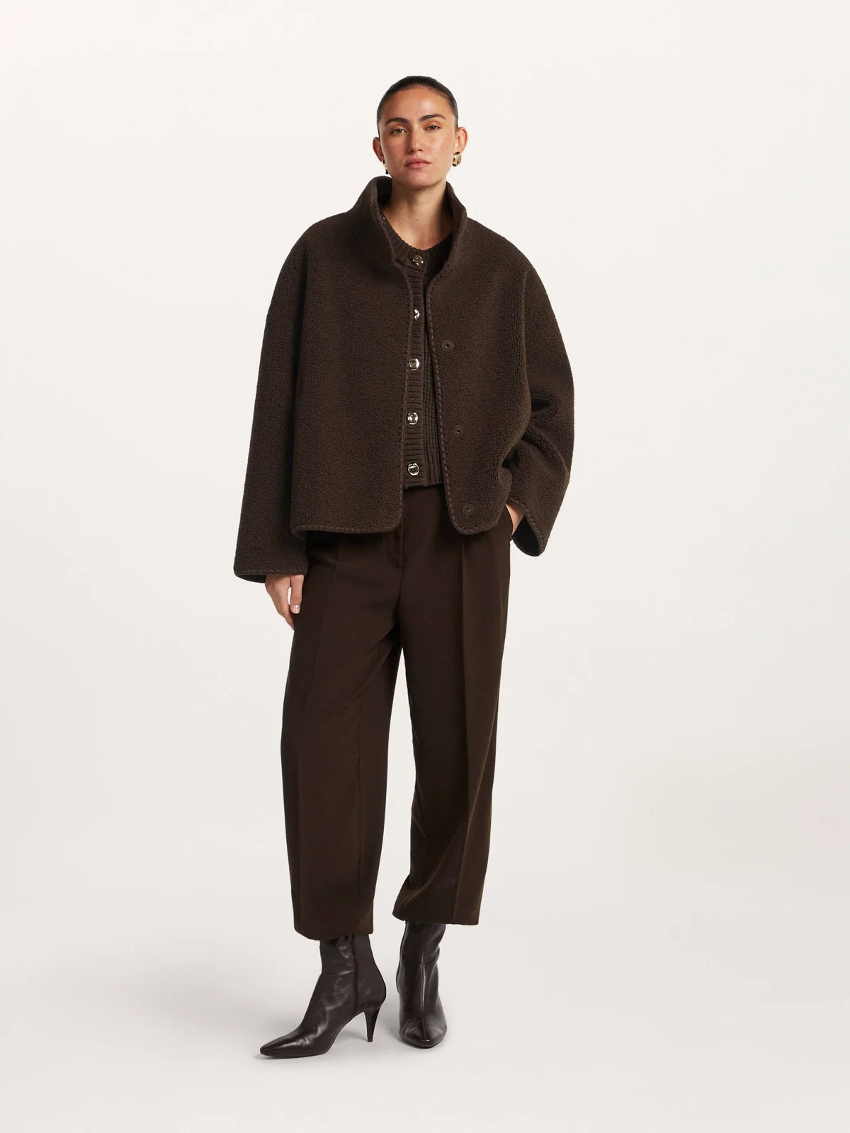 Beaumont Mica Dark Chocolate reversible jacket styled on model