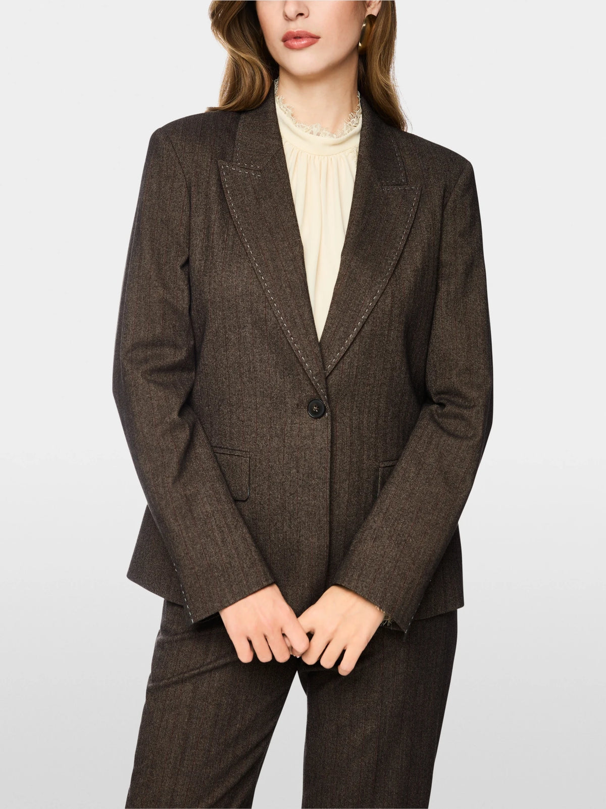 Marc Cain Herringbone Blazer in Seal Brown front view