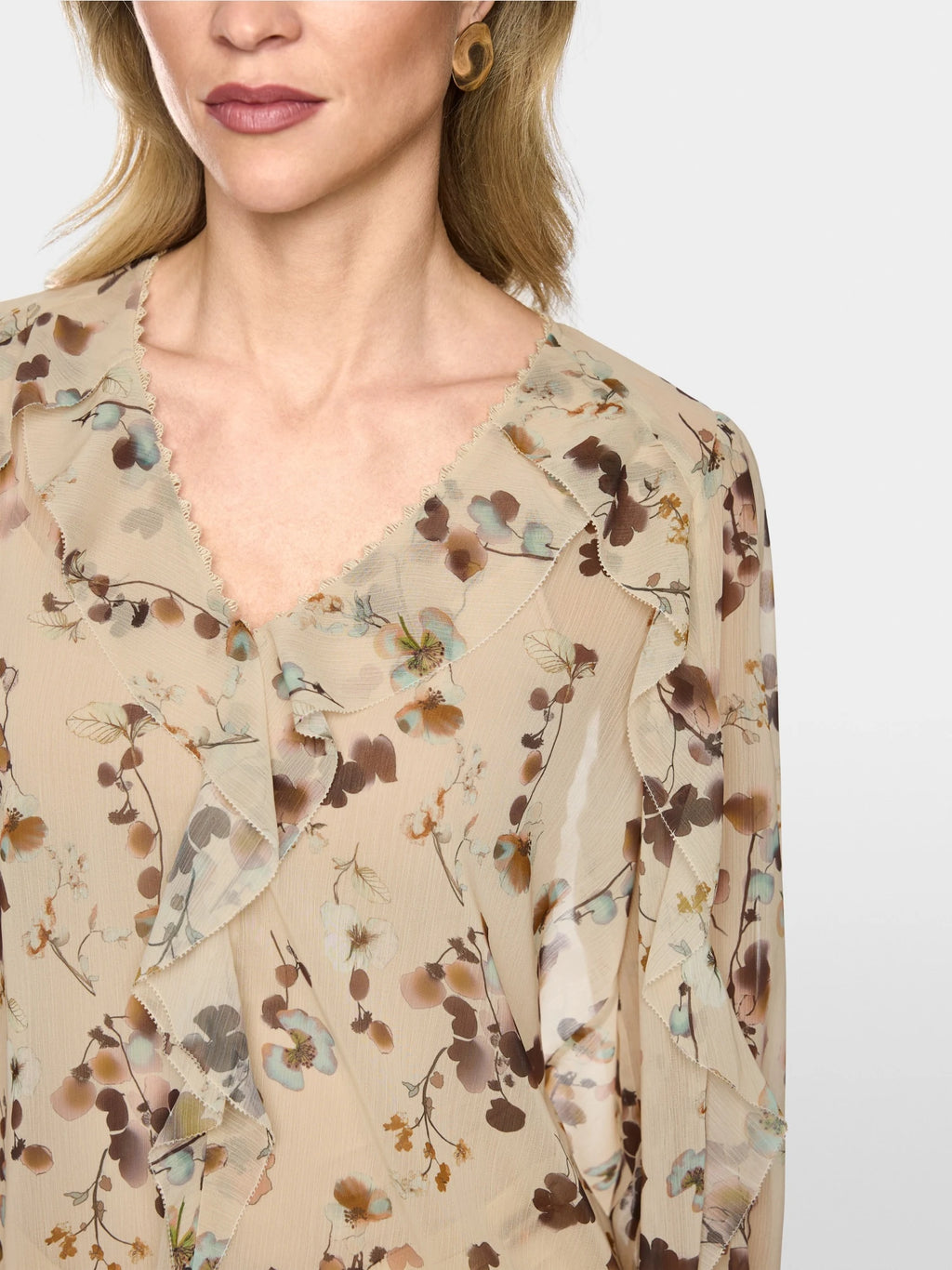 Marc Cain Floral Blouse with Flounces in Lamb's Wool front view