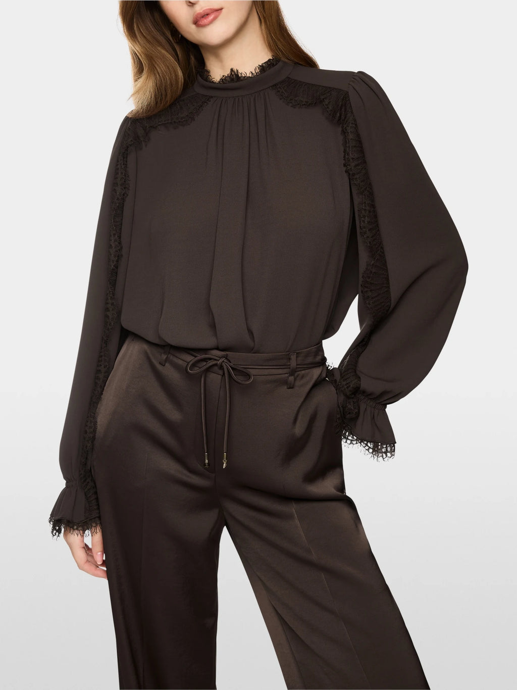 Marc Cain Flowing Blouse with Lace in brown front view