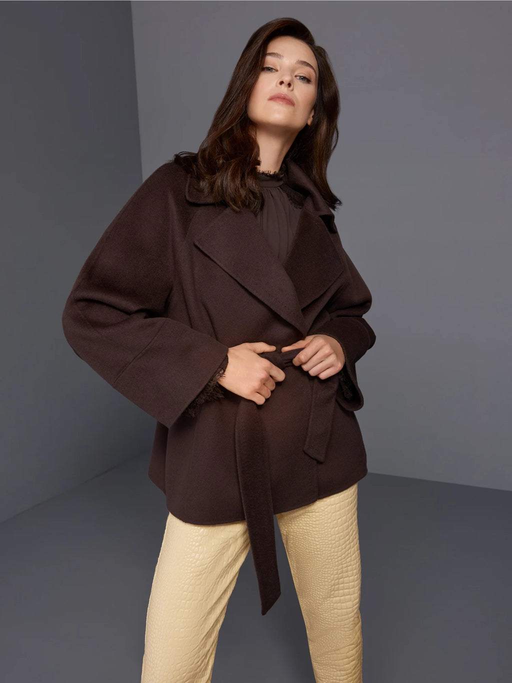 Marc Cain brown blouse styled on model