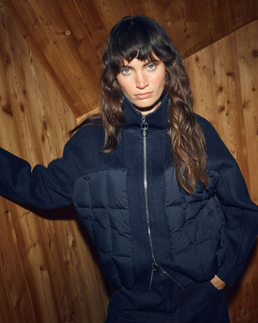 Model wearing Mos Mosh Harriet Loisa jacket in Salute Navy