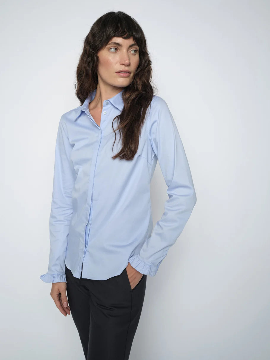 Mos Mosh MMMattie Flip Shirt Light blue model shot white back drop
