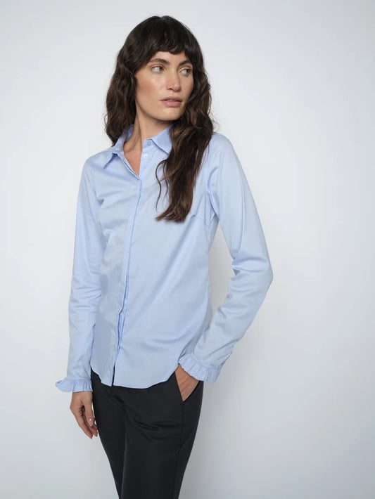 Mos Mosh MMMattie Flip Shirt Light blue model shot white back drop
