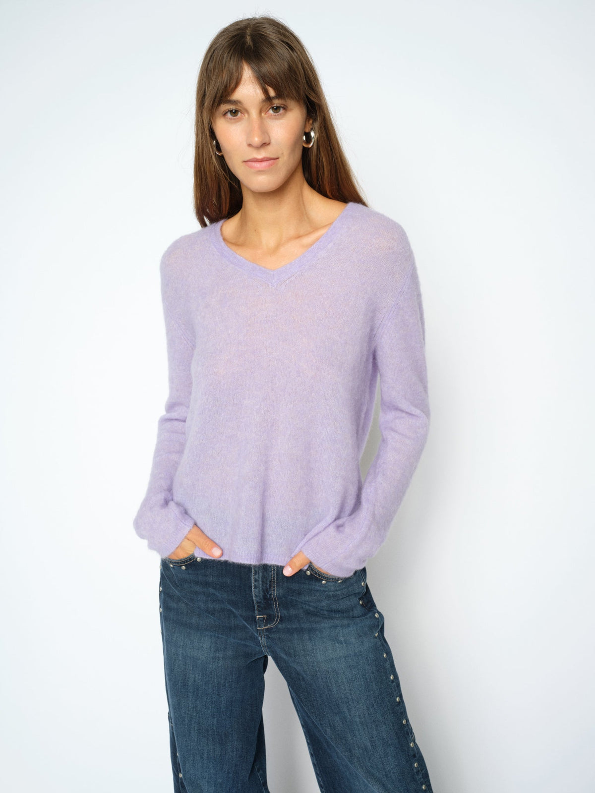 Mos Mosh MMMape sophia v neck knit violet tulip worn by model
