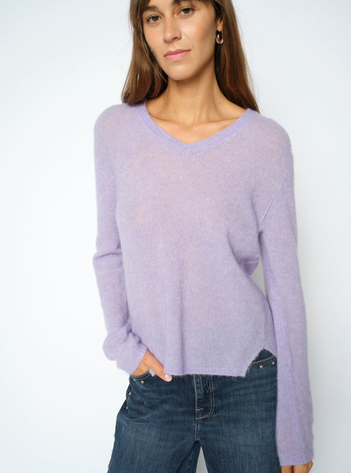 Mos Mosh MMMape sophia v neck knit violet tulip worn by model 
