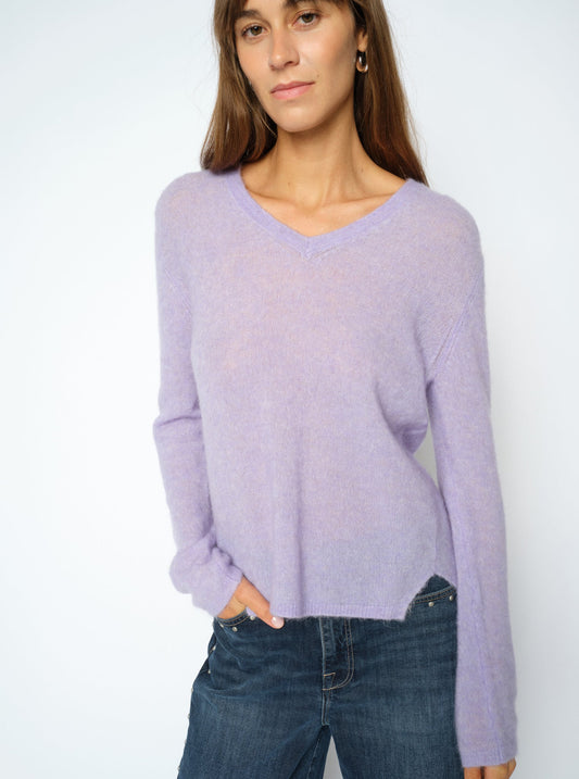 Mos Mosh MMMape sophia v neck knit violet tulip worn by model 
