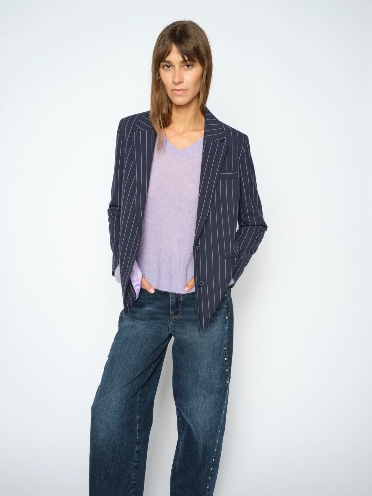Soft mohair texture of Mos Mosh Violet Tulip knit with blazer