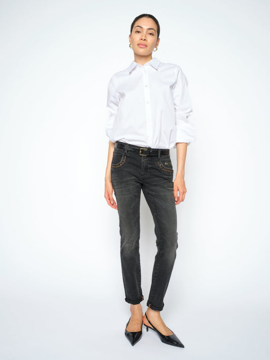 Mos Mosh MMNaomi Teni slim-fit grey jeans worn by model