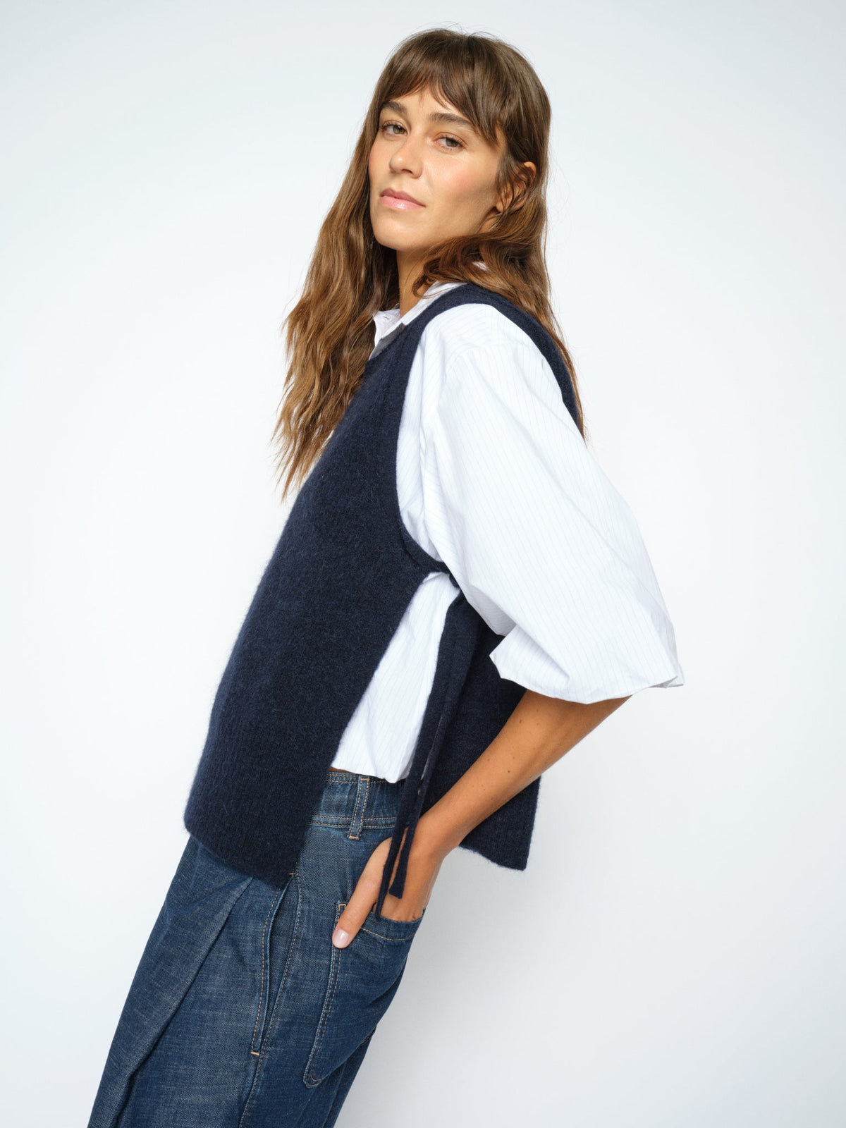 Mos Mosh mmthora tie knit vest salute navy worn by model 