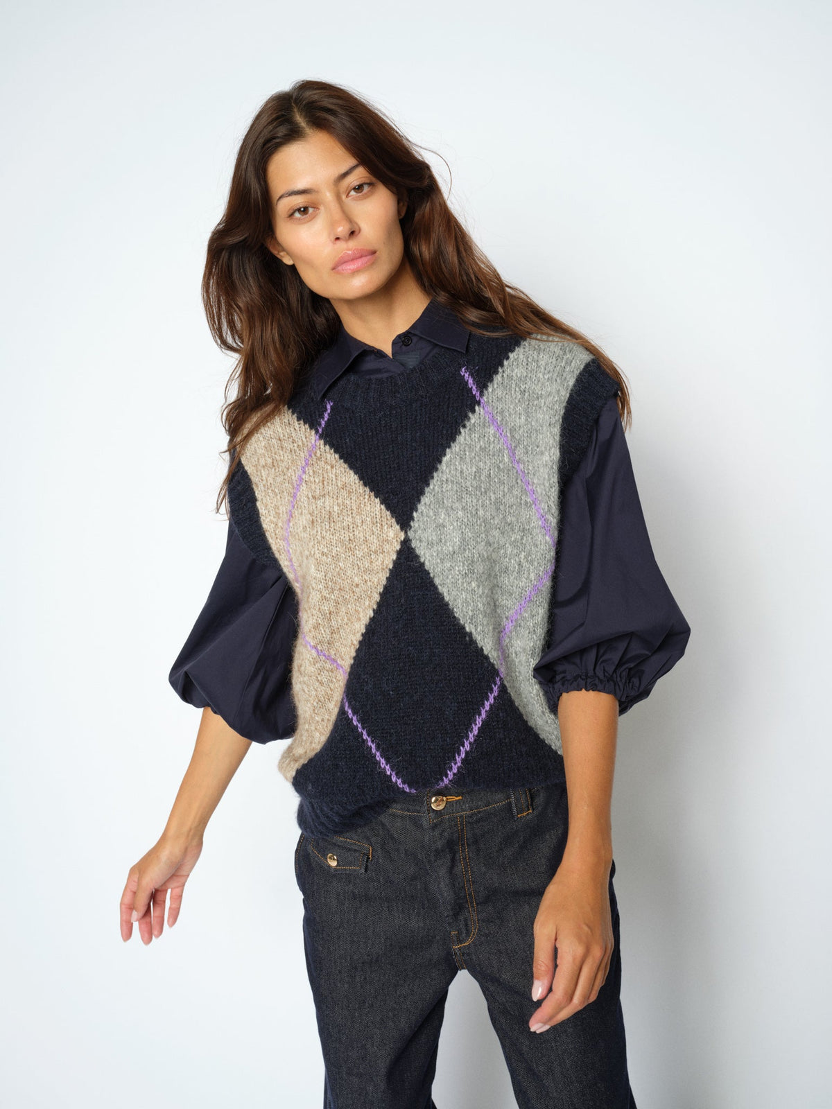 Mos Mosh navy alpaca vest layered over a shirt
