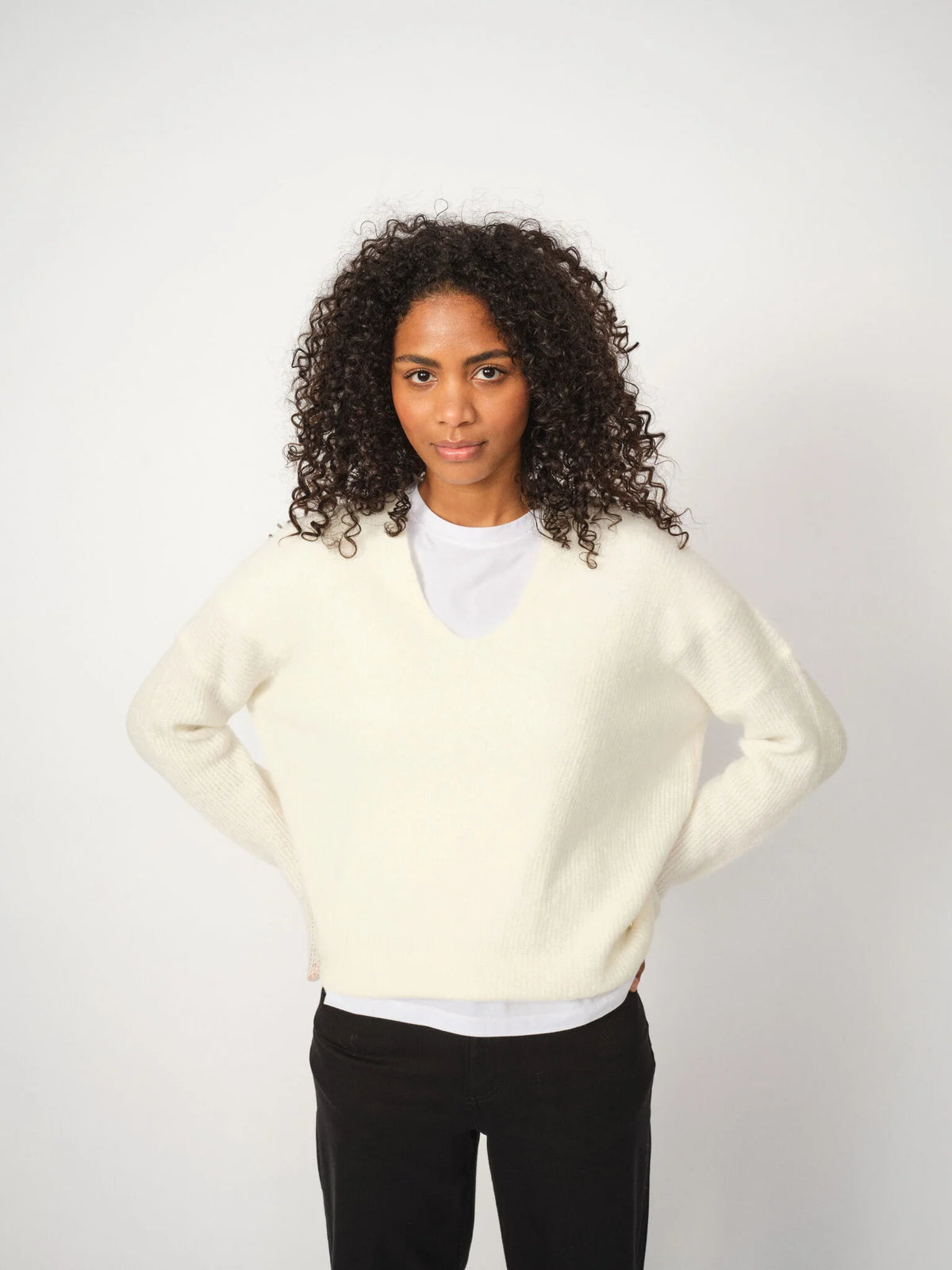 Mos Mosh MMthora V neck knit in ecru worn by model
