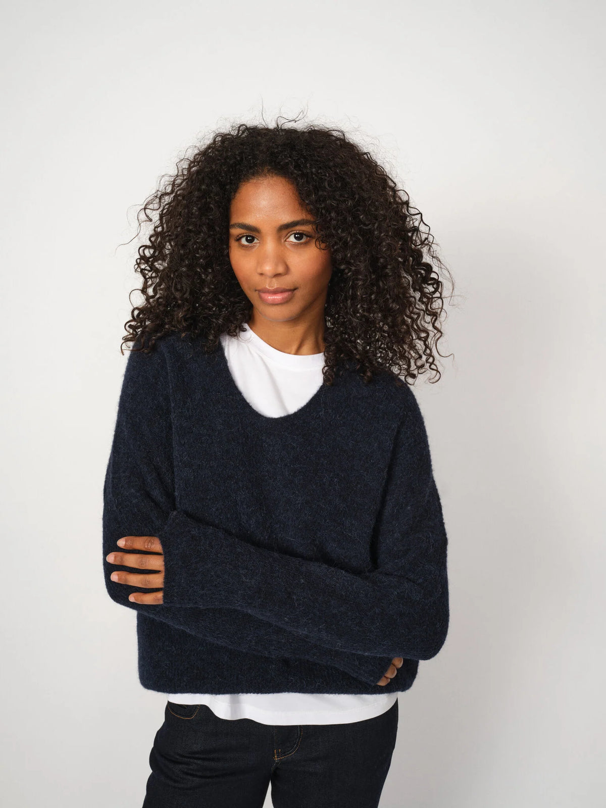 Mos Mosh MMthora V neck knit in salute navy worn by model 