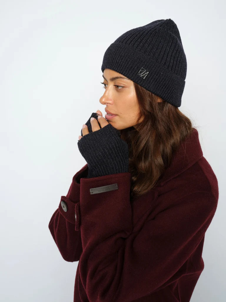 Mos Mosh mmtova wool rib hat in navy worn by model