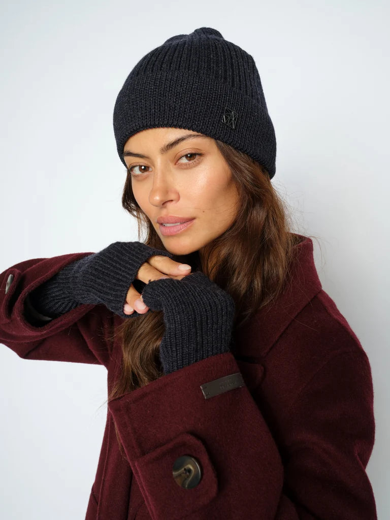Mos Mosh mmtova wool rib hat in dark navy worn by model