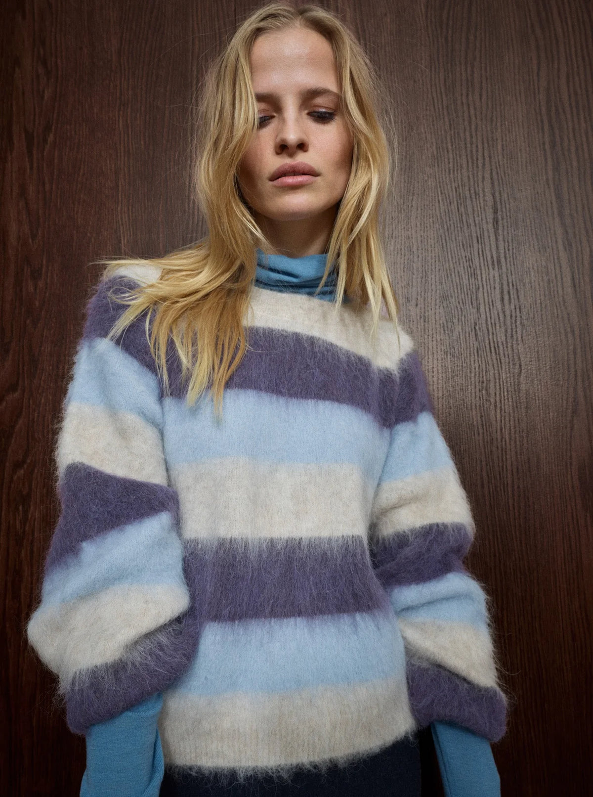 Mos Mosh  MMSuvi Stripe knit sweet grape worn by model 