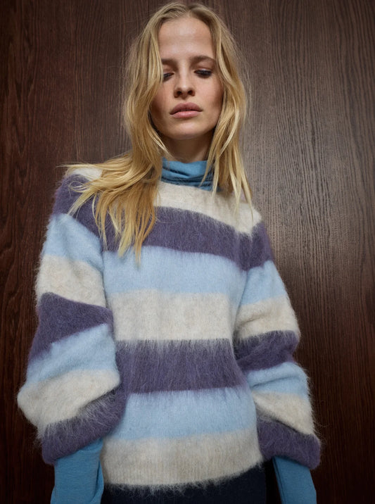 Mos Mosh  MMSuvi Stripe knit sweet grape worn by model 