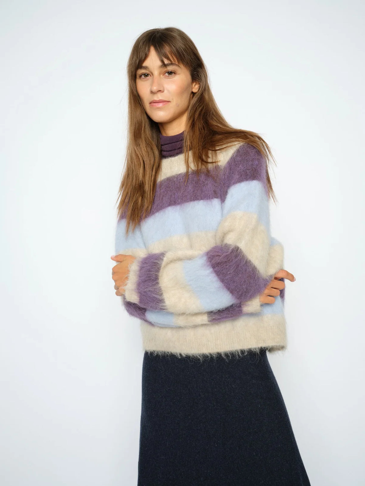 Mos Mosh Suvi alpaca knit styled with a navy skirt