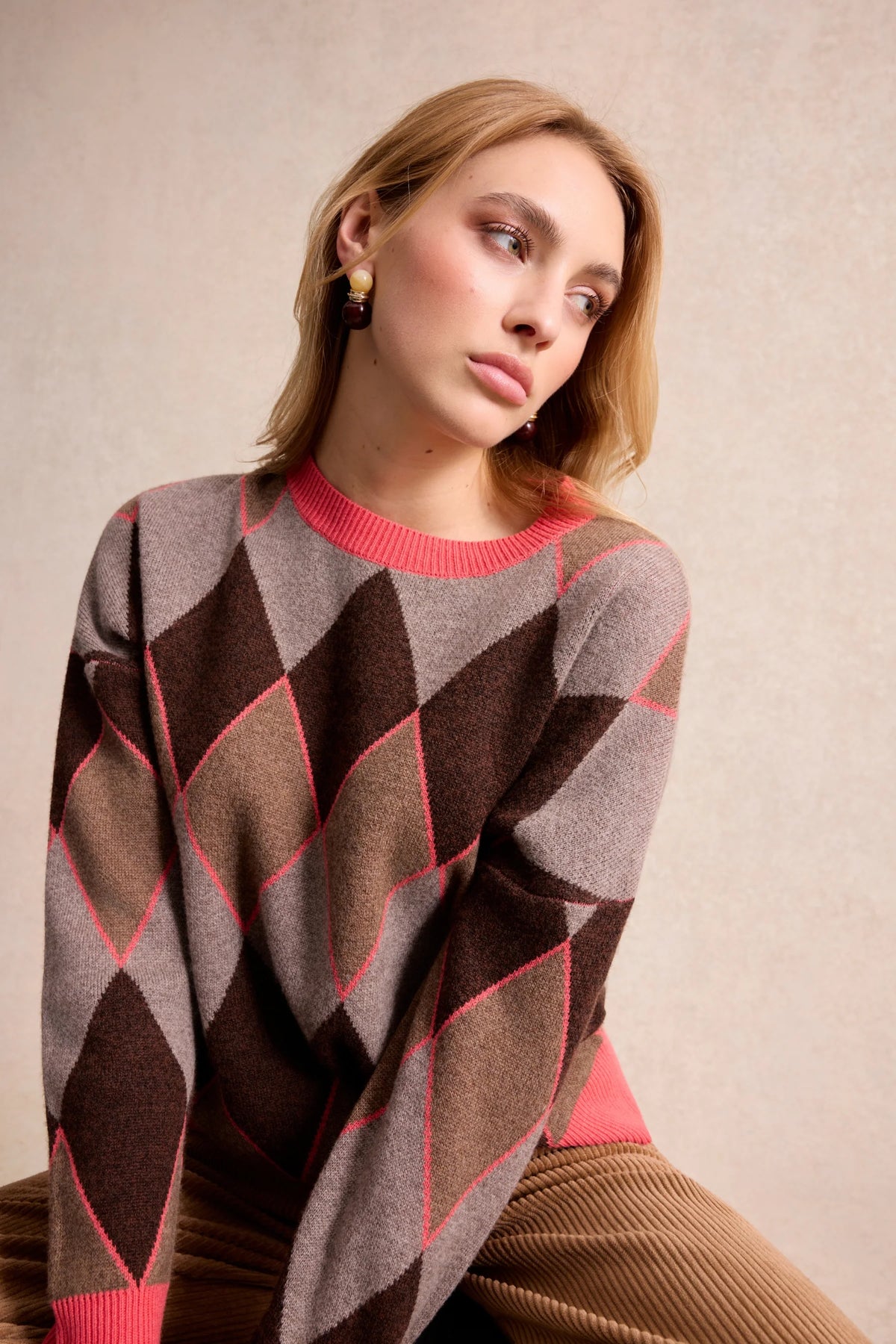 Leo & Ugo Laurine Argyle Sweater in Beige front view