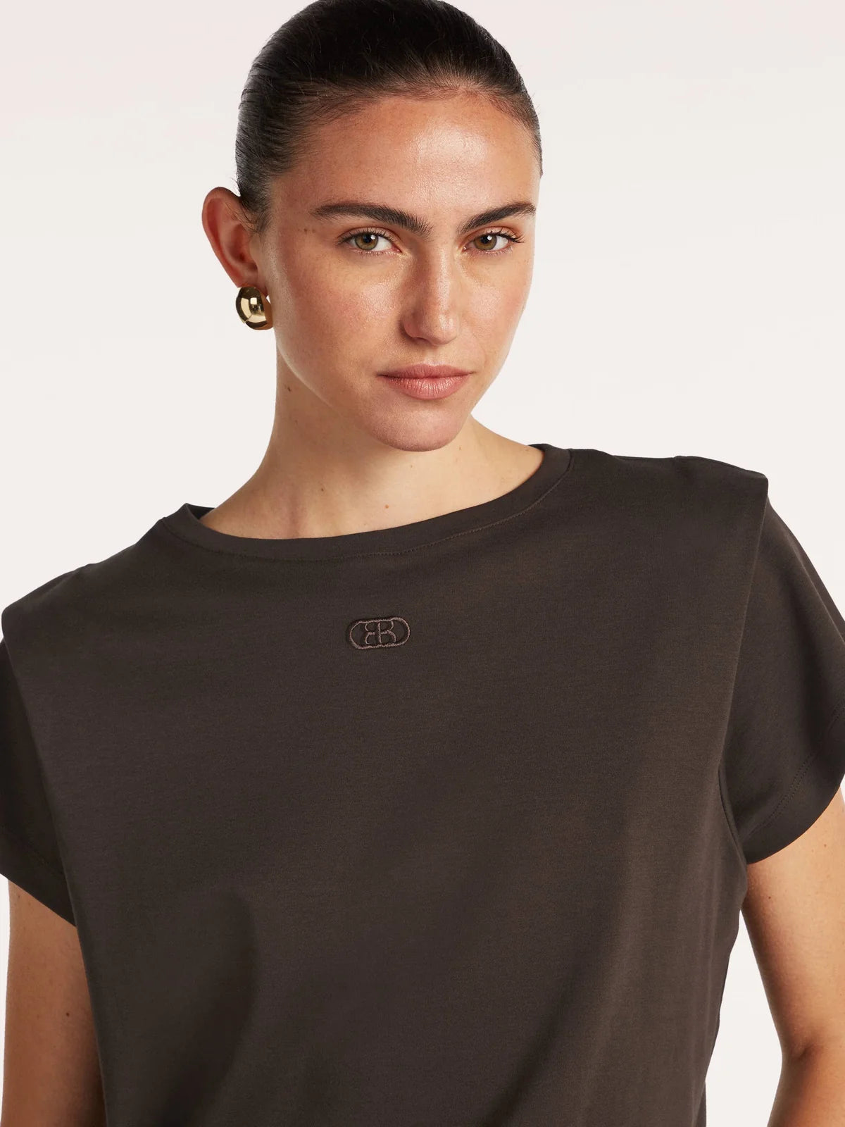 Beaumont Peggy Dark Chocolate organic cotton tee styled on model