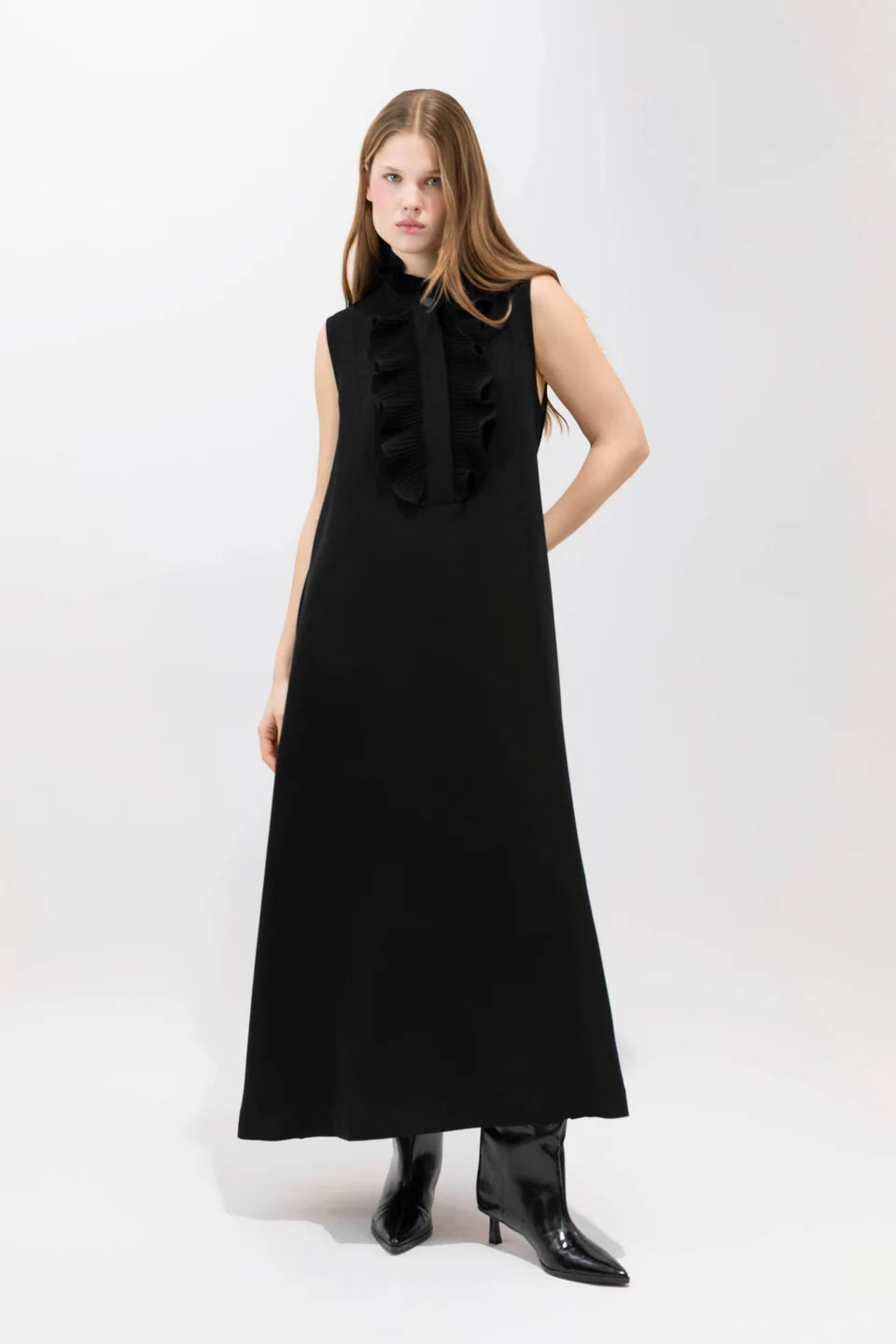 Psophia Long Flared Dress with Flared Bib