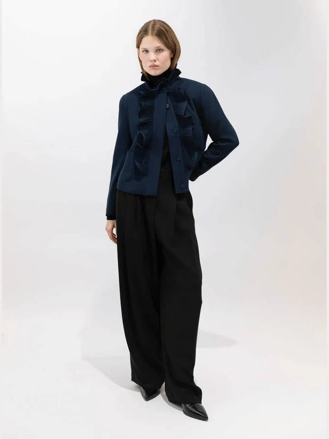 Psophía Navy 204 ruffle jacket styled on model