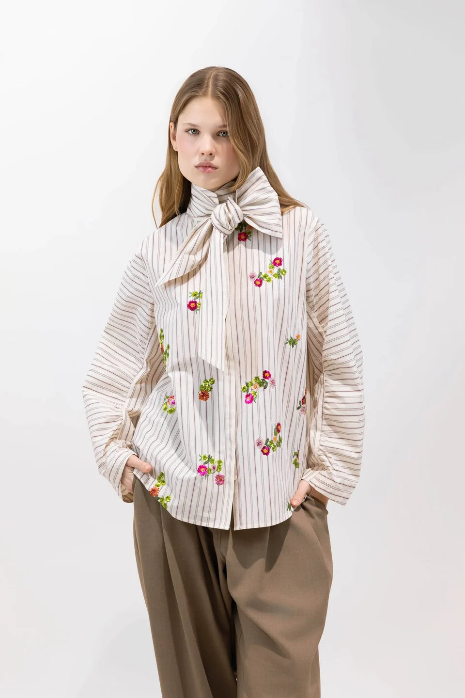 Poplin Shirt with Sequin Embroidery and Flower Motif