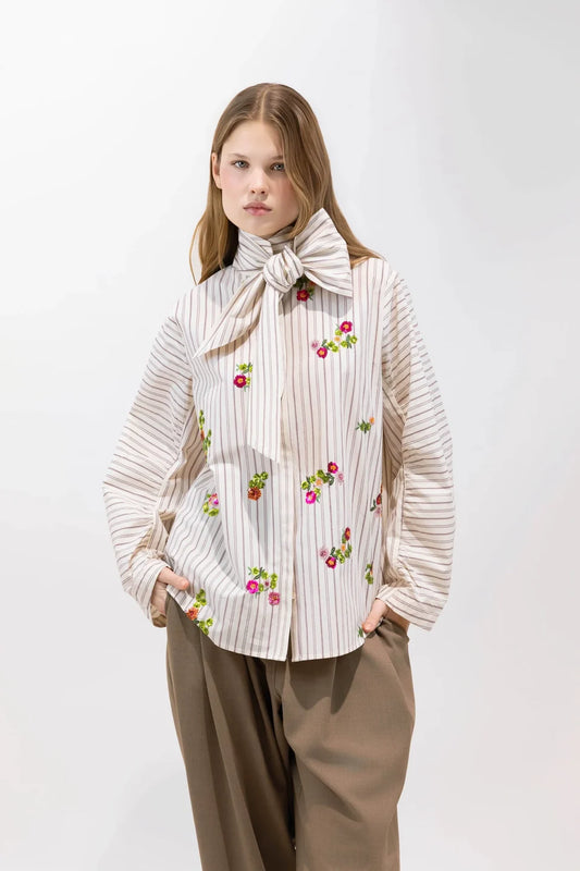 Poplin Shirt with Sequin Embroidery and Flower Motif