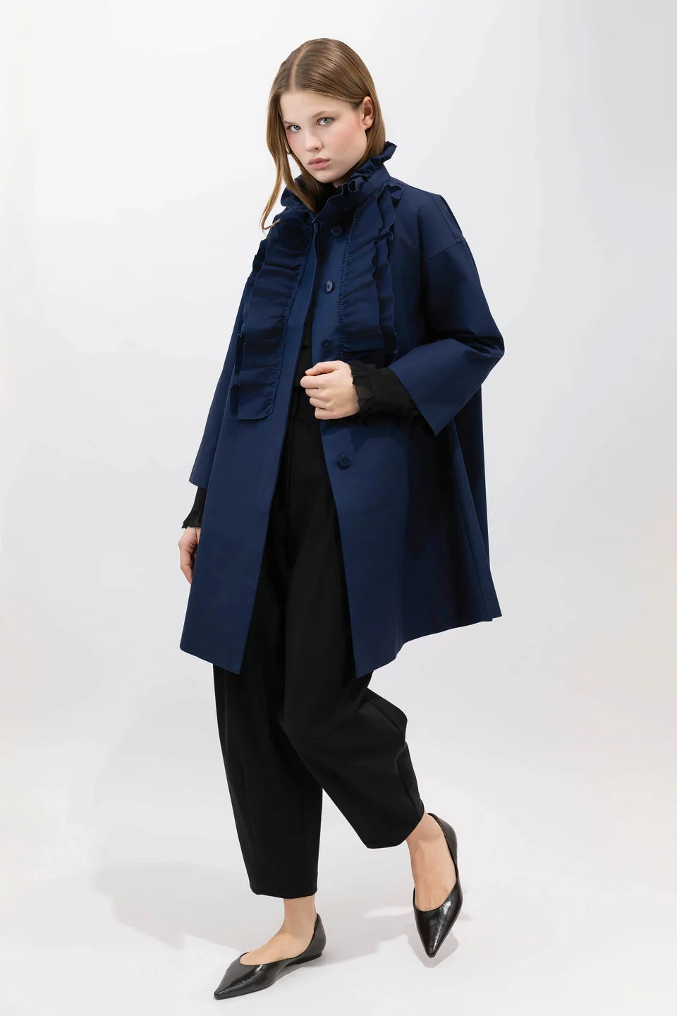 Cotton Trench Coat with Ruffle Detail