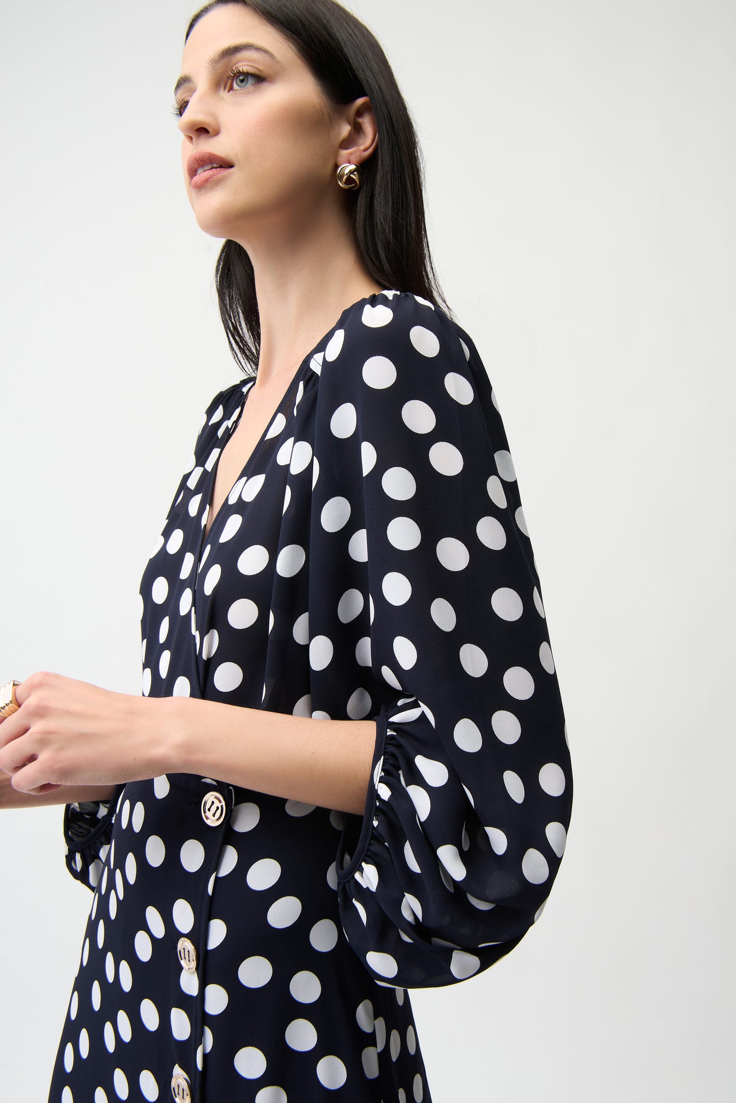 Joseph Ribkoff Georgette Dot Print Wrap Dress with Puff Sleeve