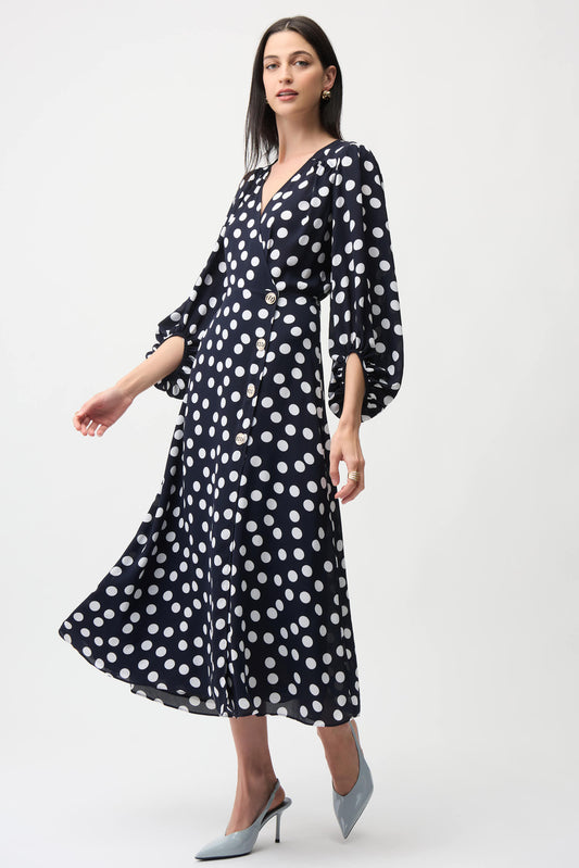 Joseph Ribkoff Georgette Dot Print Wrap Dress with Puff Sleeve