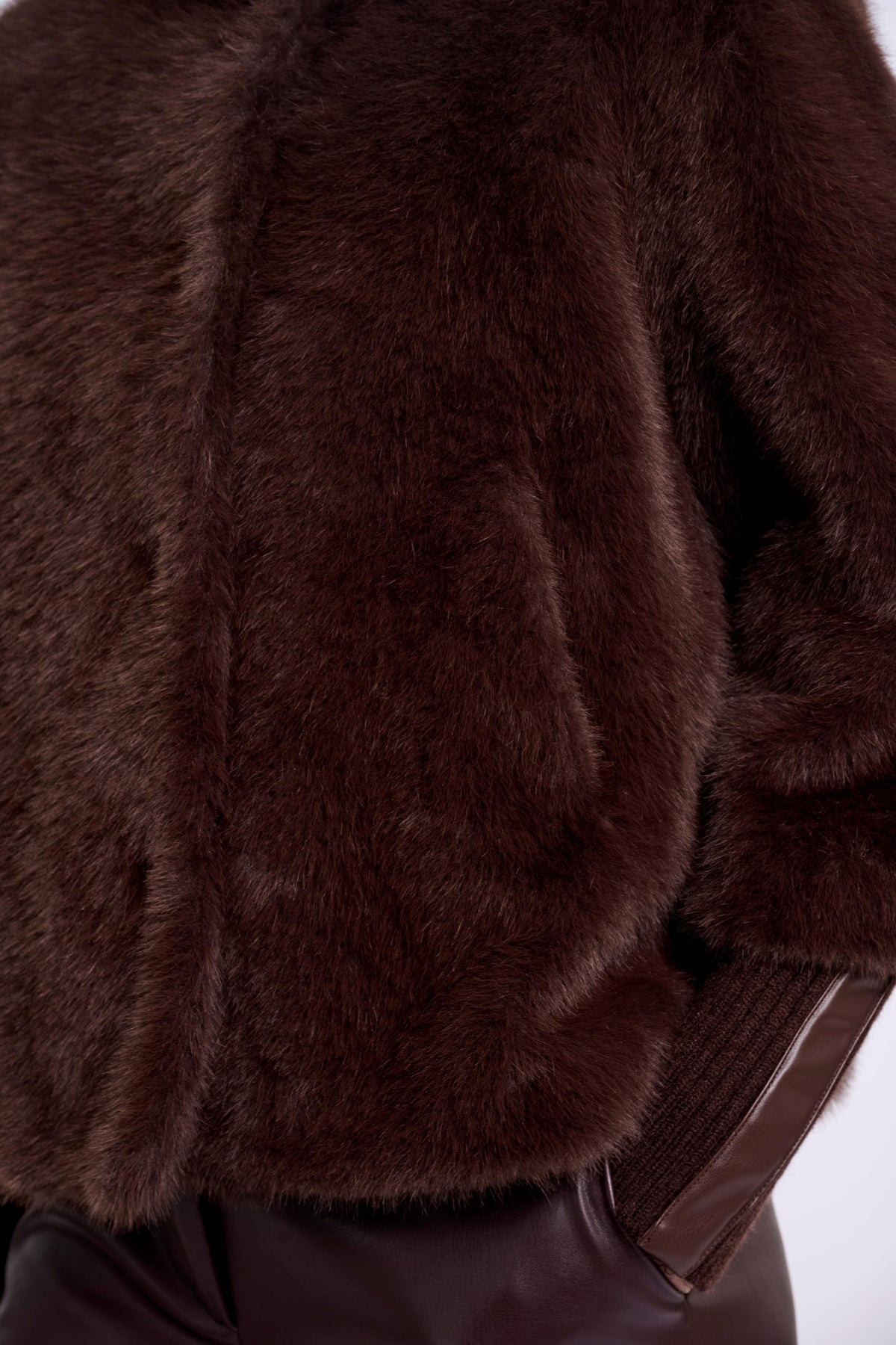Close-up of faux fur texture on Rino & Pelle Nesrin Jacket coffee roast 