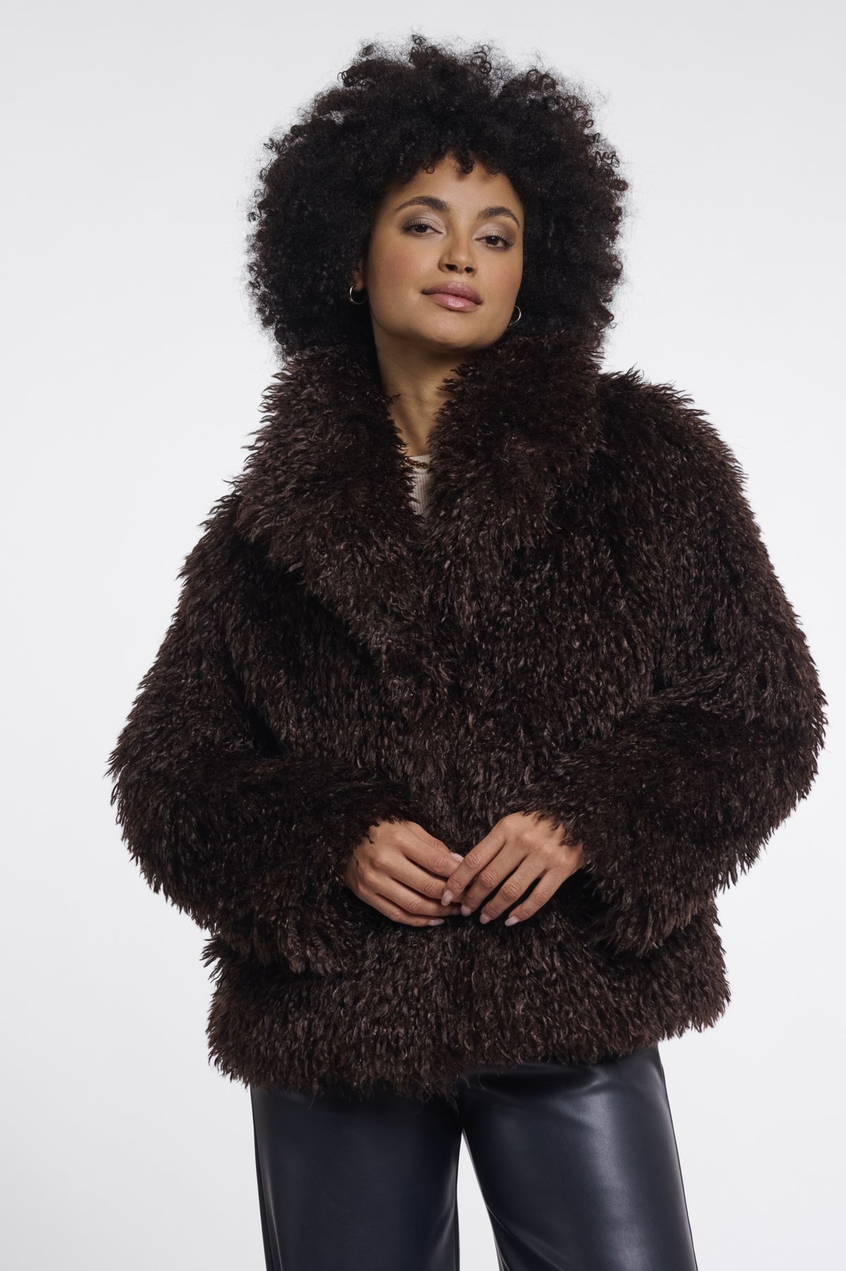 Rino & Pelle Lias Coffee Roast faux fur jacket styled on model