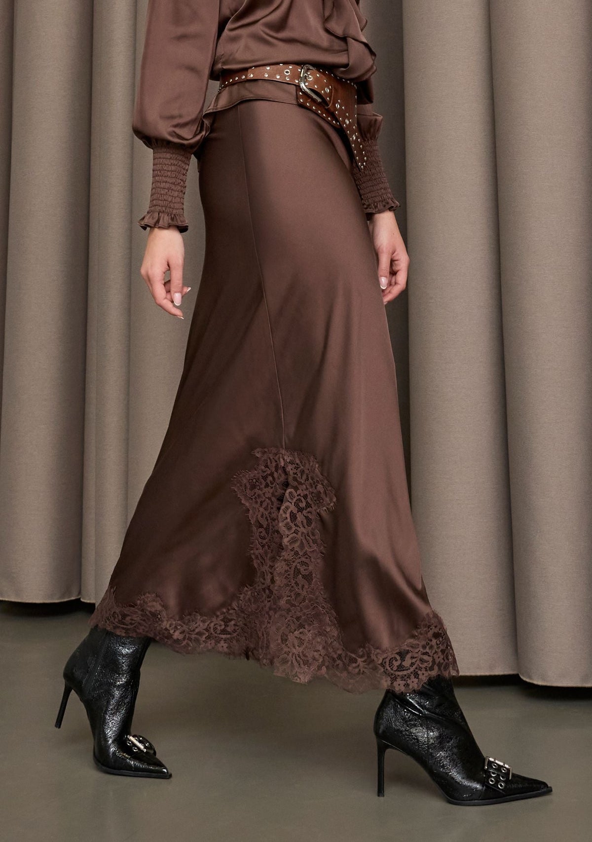 I SAY Steff Dark Brown midi skirt styled on model