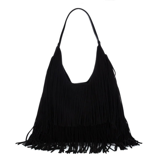 A black suede fringe shoulder bag with a single strap, photographed against a solid white background. XTI 184708 BLACK