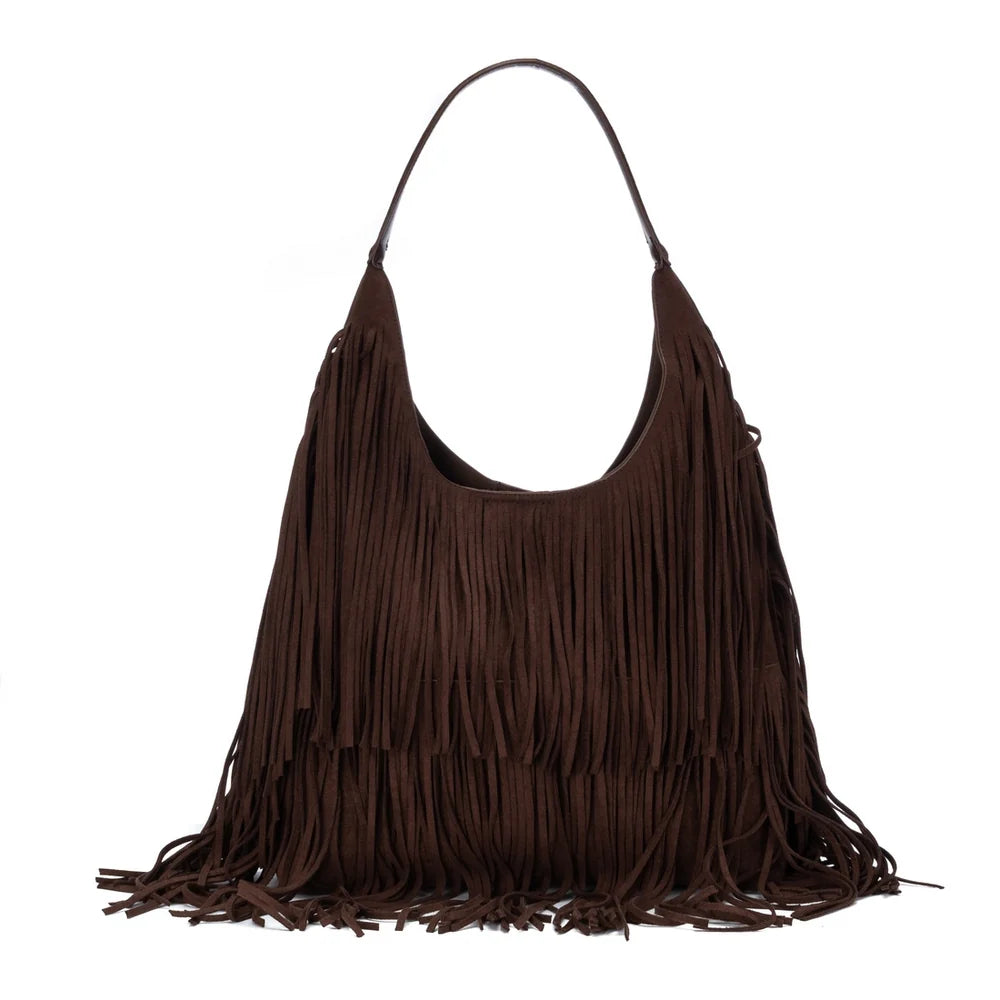 A dark brown suede hobo shoulder bag with extensive fringe detailing and a single shoulder strap, shown against a plain white background. XTI 184708 BROWN