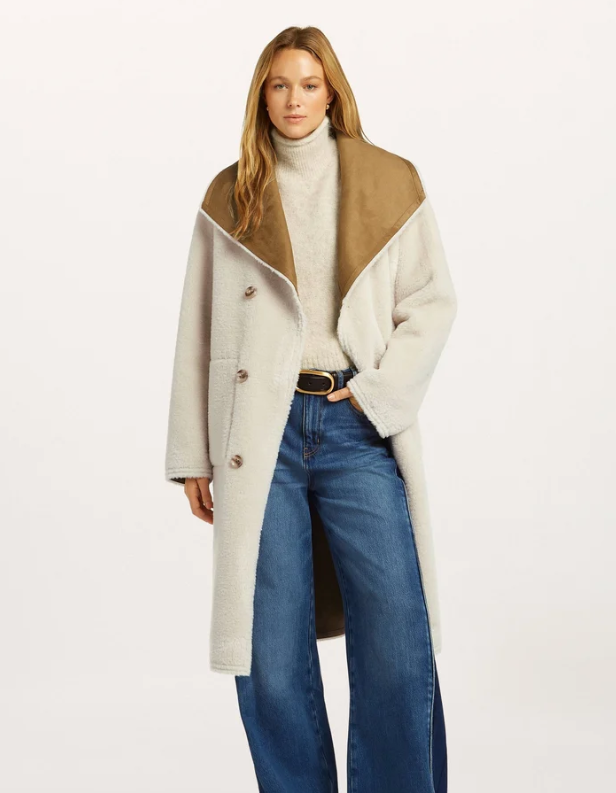 Model wearing the Beaumont Elif reversible coat in Tobacco