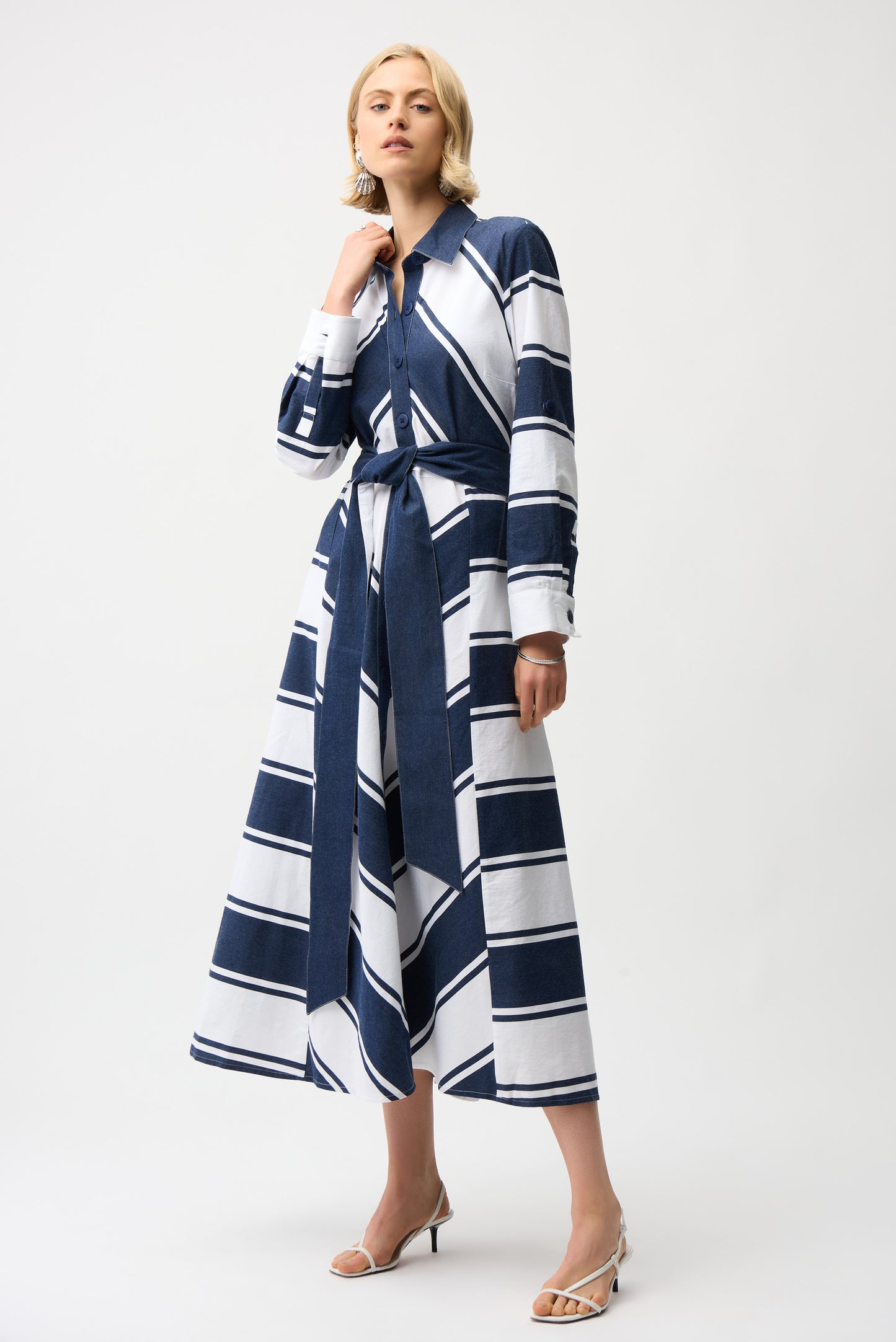 Joseph Ribkoff Cotton Stripe Fit and Flare dress with reversible Sash